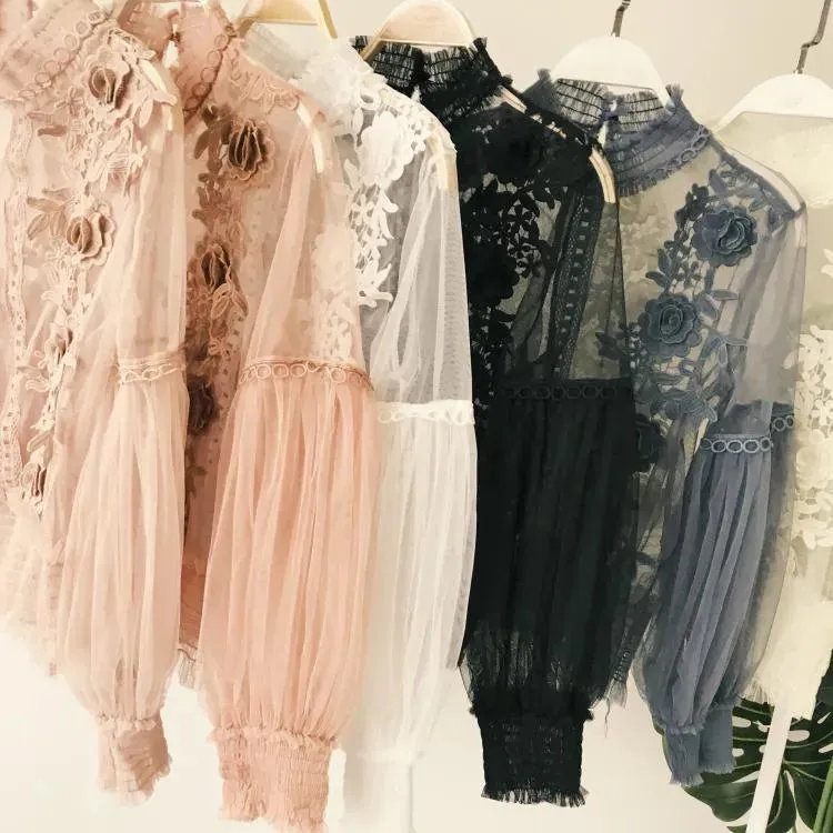 Autumn Women Mesh Tops Fashion Sexy Sheer Lace Blouse Lantern Sleeve 3D Floral Blouses Shirts Elegant Top Blusas Femininas  26