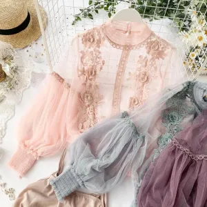 Autumn Women Mesh Tops Fashion Sexy Sheer Lace Blouse Lantern Sleeve 3D Floral Blouses Shirts Elegant Top Blusas Femininas  26
