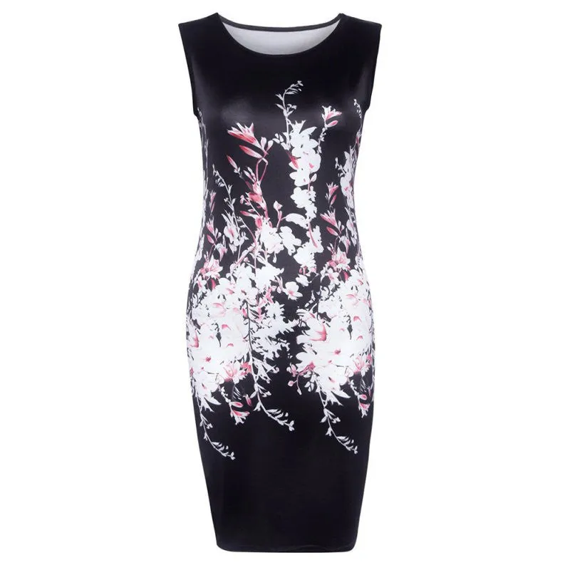 Autumn Women Sexy Dresses Ladies Elegant Black Sleeveless Knee Length Floral Print Sheath Dress