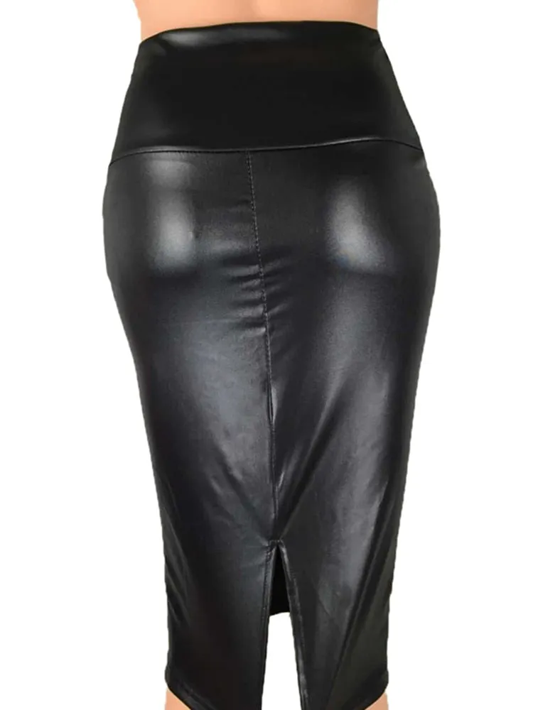 Back Split Bodycon Skirt High Waist PU Leather Skirt Vintage Long Pencil Skirts