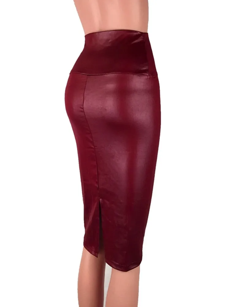 Back Split Bodycon Skirt High Waist PU Leather Skirt Vintage Long Pencil Skirts