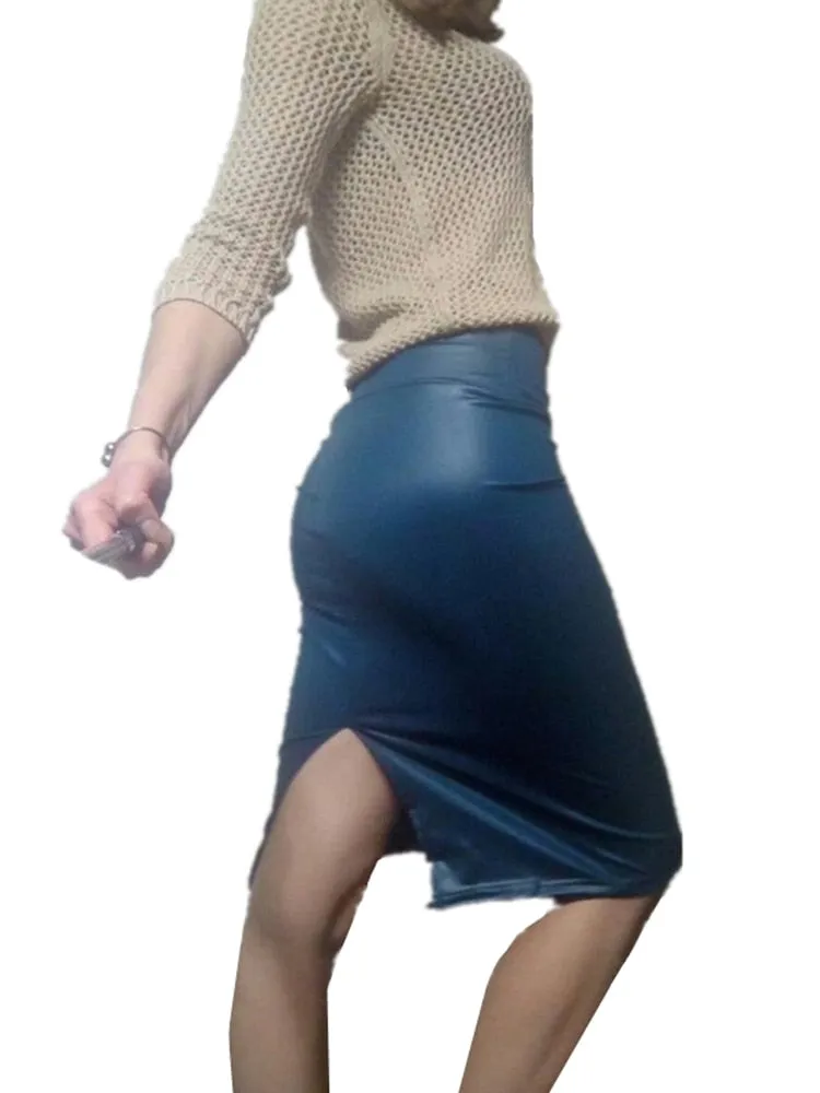 Back Split Bodycon Skirt High Waist PU Leather Skirt Vintage Long Pencil Skirts