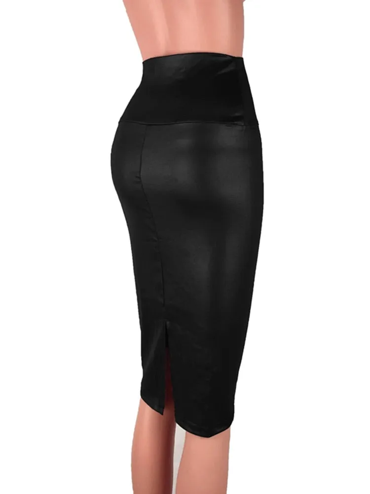 Back Split Bodycon Skirt High Waist PU Leather Skirt Vintage Long Pencil Skirts