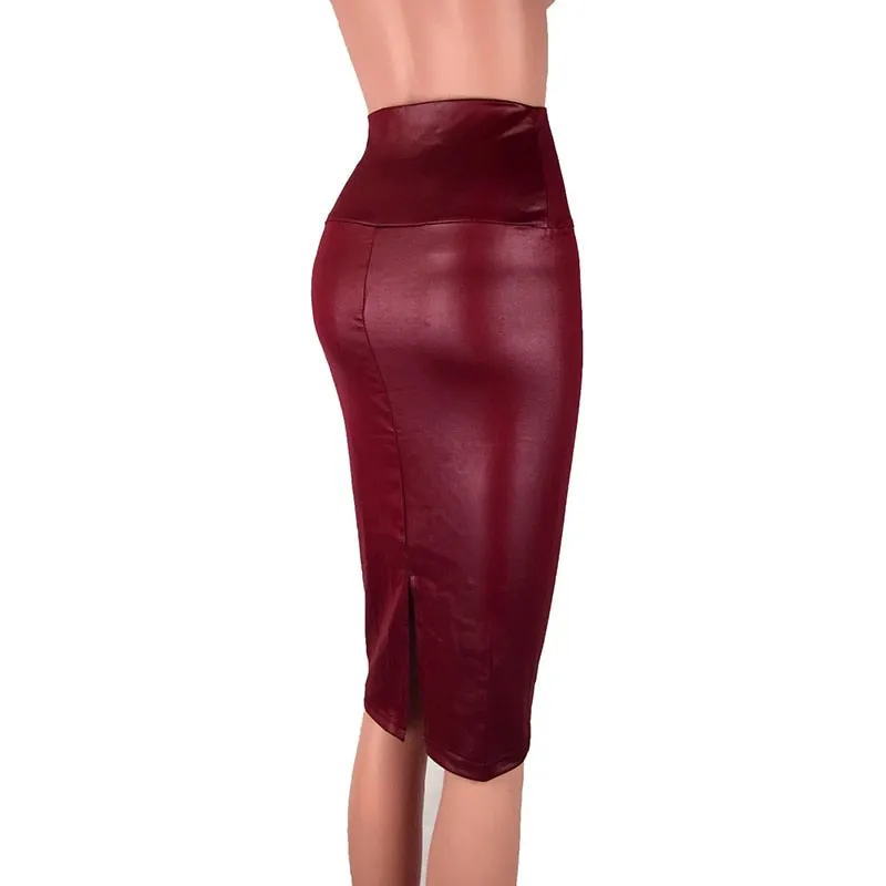 Back Split Bodycon Skirt High Waist PU Leather Skirt Vintage Long Pencil Skirts