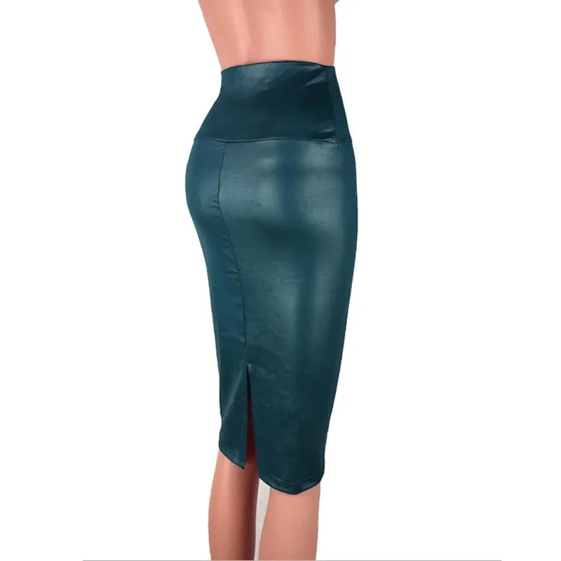 Back Split Bodycon Skirt High Waist PU Leather Skirt Vintage Long Pencil Skirts