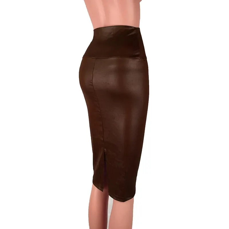 Back Split Bodycon Skirt High Waist PU Leather Skirt Vintage Long Pencil Skirts