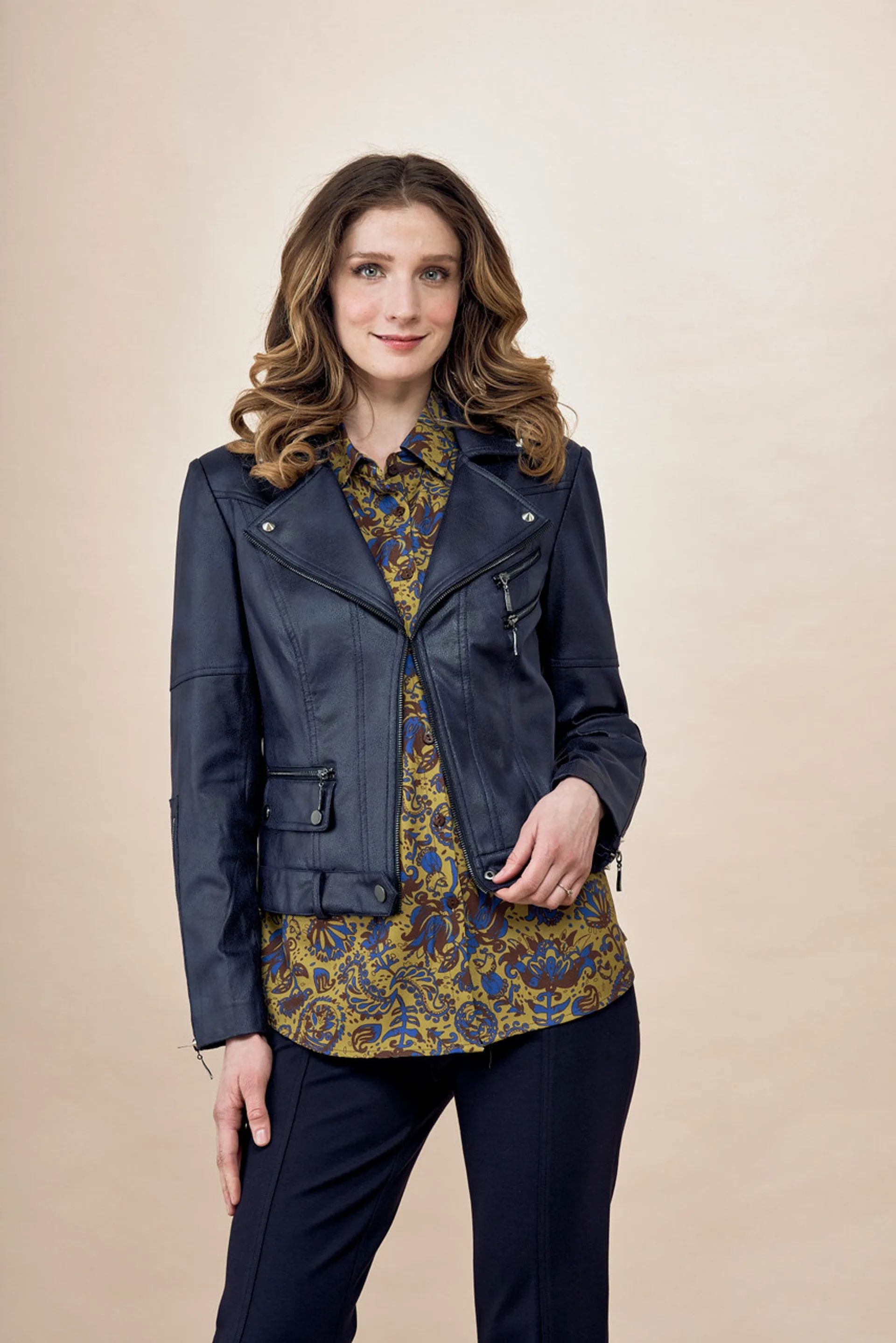 BCJ78A46A Faux Vegan Leather Moto Jacket with Pocket & Zipper Trim in Black