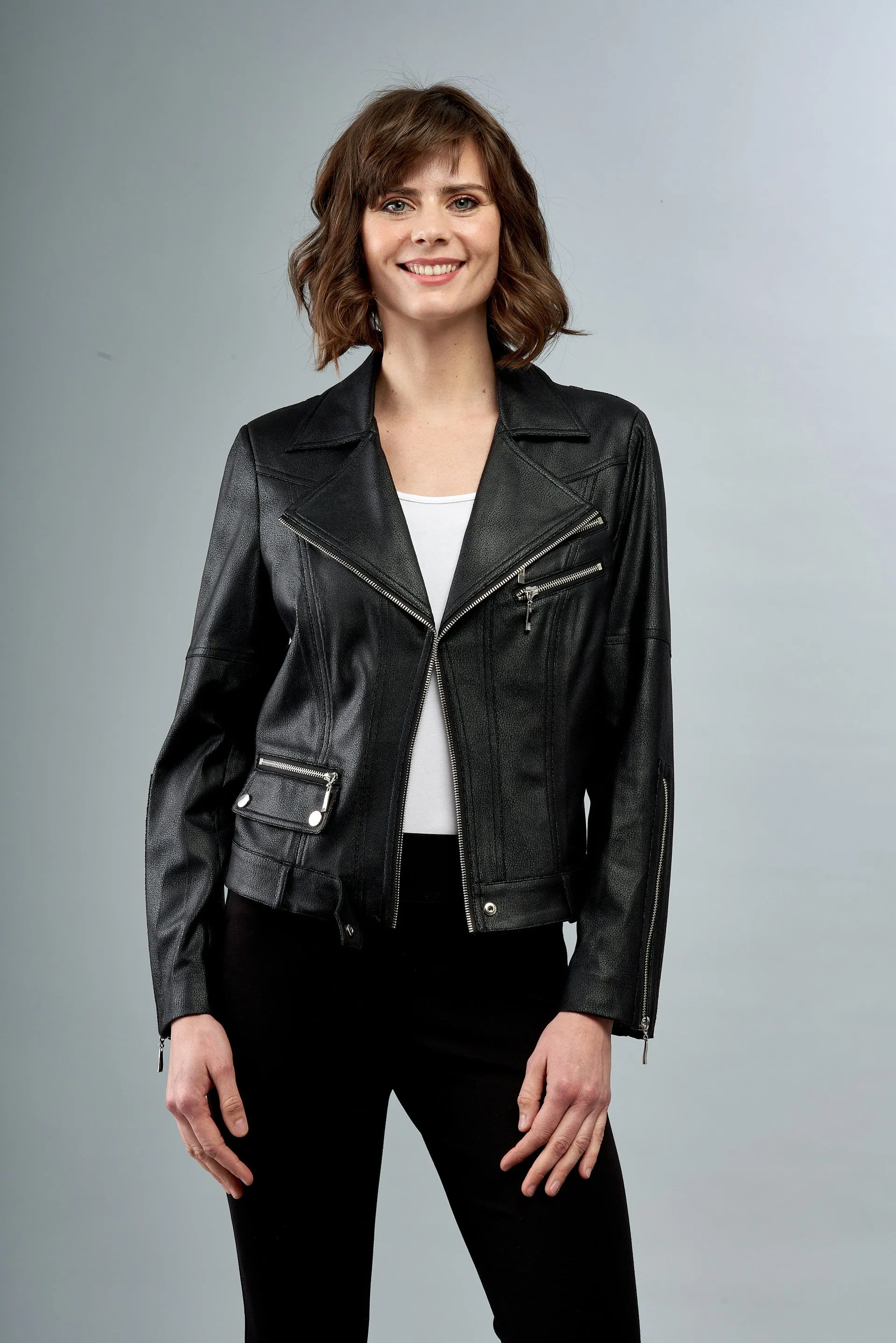 BCJ78A46A Faux Vegan Leather Moto Jacket with Pocket & Zipper Trim in Black