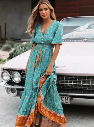 BerryBetty - Floral V-Neck Short Sleeves Maxi Dress