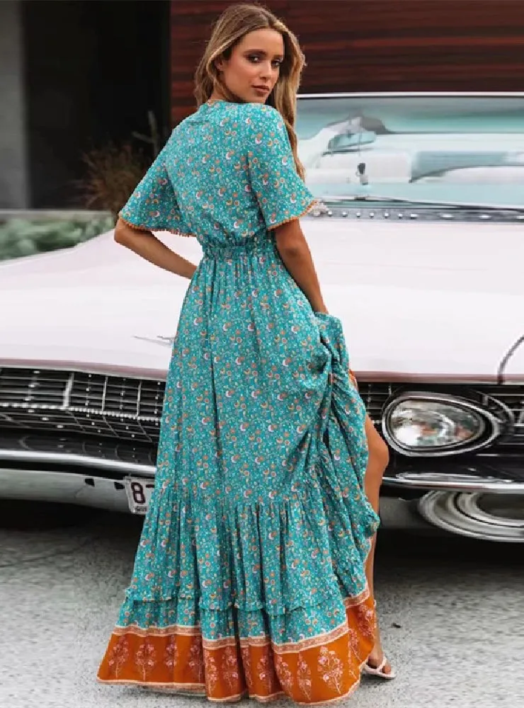 BerryBetty - Floral V-Neck Short Sleeves Maxi Dress