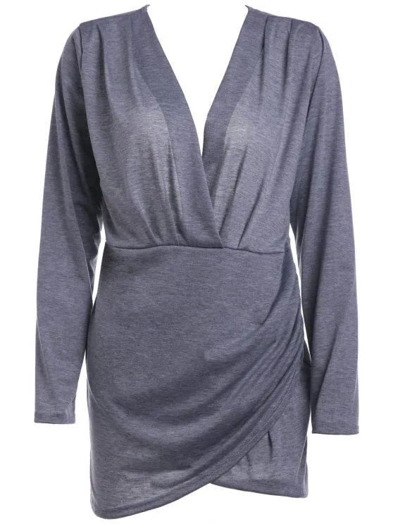 BerryBetty - Fun Backless Plunging Neck Long Sleeve Solid Color Dress