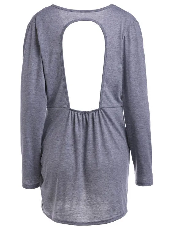 BerryBetty - Fun Backless Plunging Neck Long Sleeve Solid Color Dress