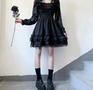 BerryBetty - Japanese Lolita Style Women Princess Black Mini Dress Slash Neck High Waist Gothic Dress Puff Sleeve Lace Ruffles Party Dresses