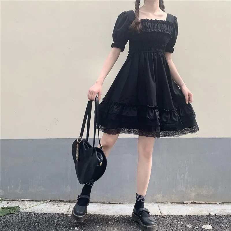 BerryBetty - Japanese Lolita Style Women Princess Black Mini Dress Slash Neck High Waist Gothic Dress Puff Sleeve Lace Ruffles Party Dresses