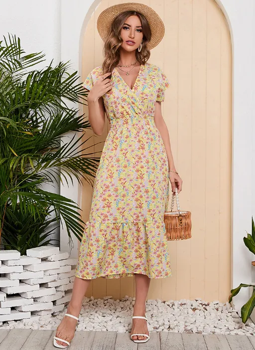 BerryBetty - Lady Floral Printed Chiffon Dress Short Sleeve V-Neck Holiday Beach Long Dresses