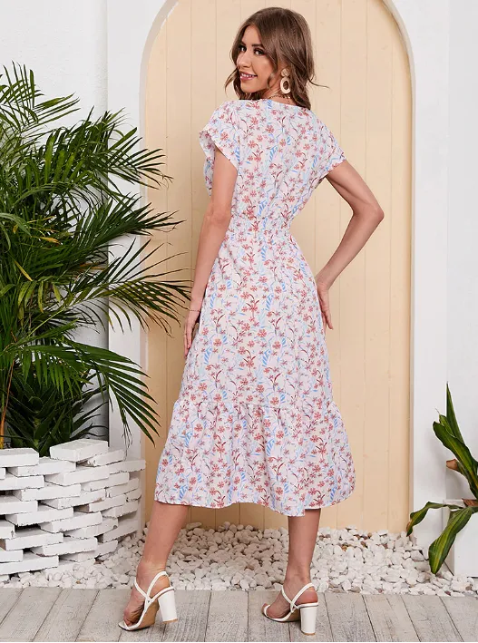 BerryBetty - Lady Floral Printed Chiffon Dress Short Sleeve V-Neck Holiday Beach Long Dresses