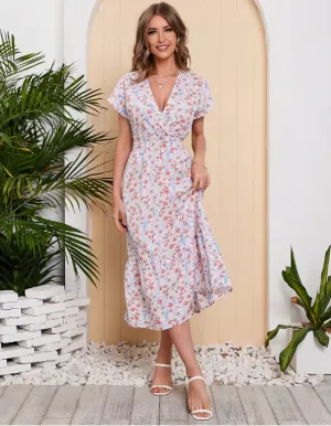 BerryBetty - Lady Floral Printed Chiffon Dress Short Sleeve V-Neck Holiday Beach Long Dresses