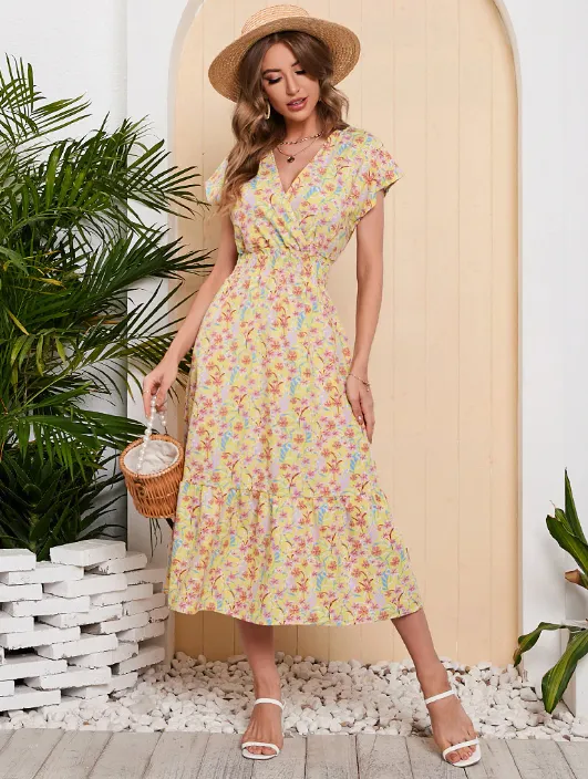 BerryBetty - Lady Floral Printed Chiffon Dress Short Sleeve V-Neck Holiday Beach Long Dresses