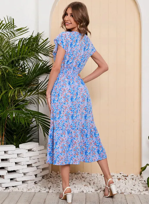 BerryBetty - Lady Floral Printed Chiffon Dress Short Sleeve V-Neck Holiday Beach Long Dresses