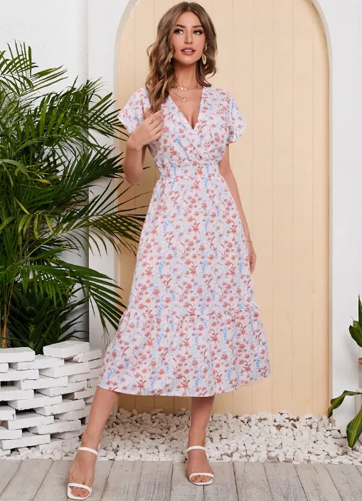 BerryBetty - Lady Floral Printed Chiffon Dress Short Sleeve V-Neck Holiday Beach Long Dresses