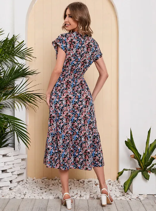 BerryBetty - Lady Floral Printed Chiffon Dress Short Sleeve V-Neck Holiday Beach Long Dresses