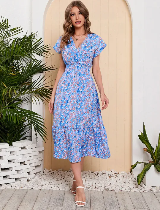 BerryBetty - Lady Floral Printed Chiffon Dress Short Sleeve V-Neck Holiday Beach Long Dresses