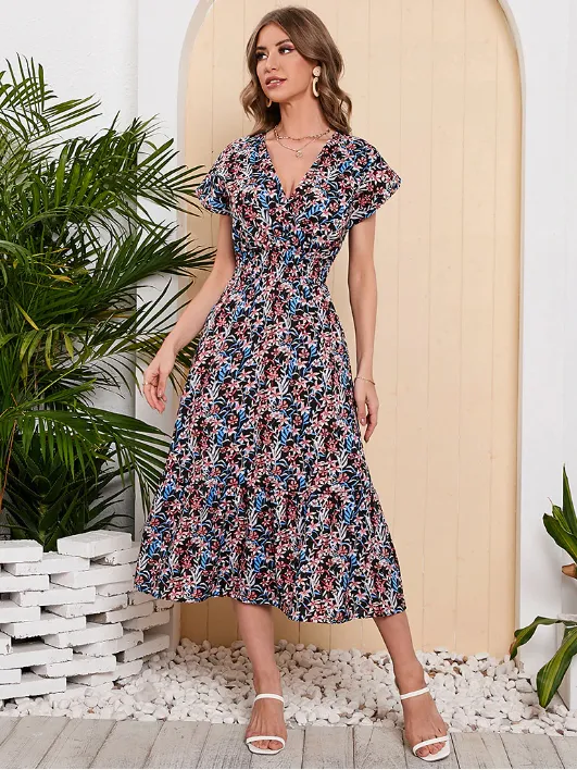 BerryBetty - Lady Floral Printed Chiffon Dress Short Sleeve V-Neck Holiday Beach Long Dresses
