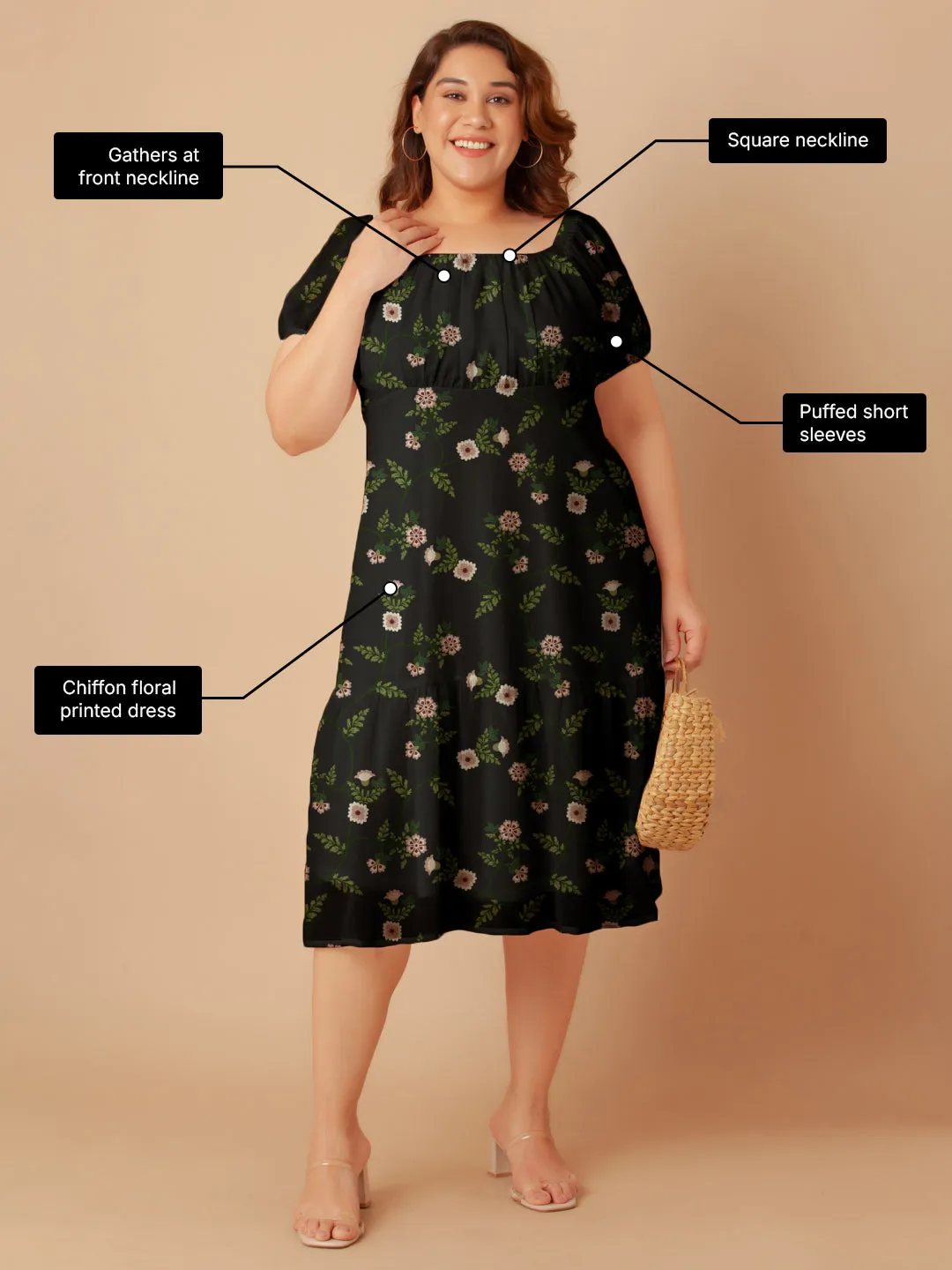 Black Floral Print Empire Midi Dress