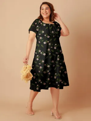 Black Floral Print Empire Midi Dress