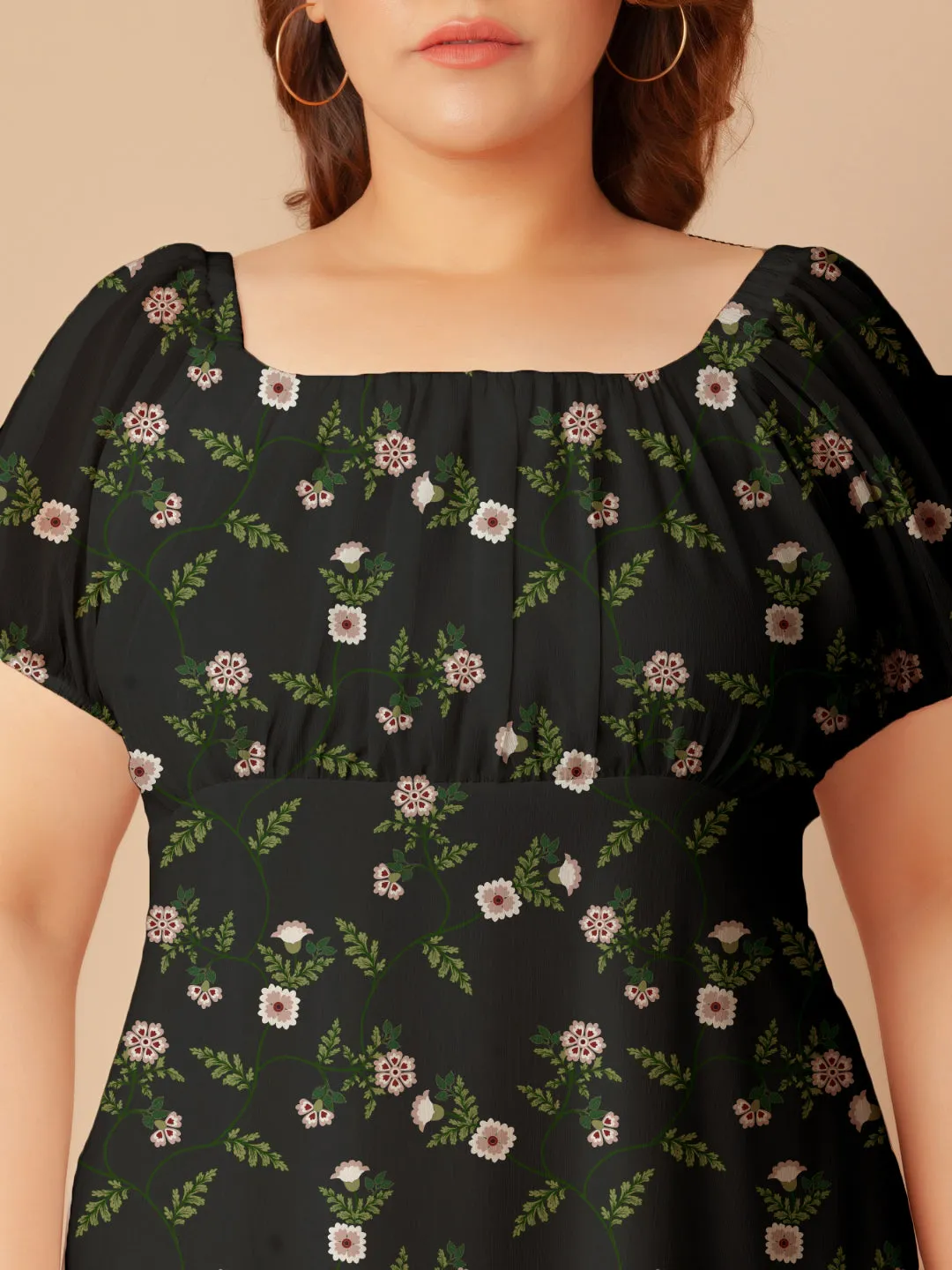 Black Floral Print Empire Midi Dress