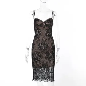 Black Lace Midi Dress Spaghetti Strap Backless Bodycon Spring/Summer Dress Luxury Evening Prom Wedding Guest Party Dresses