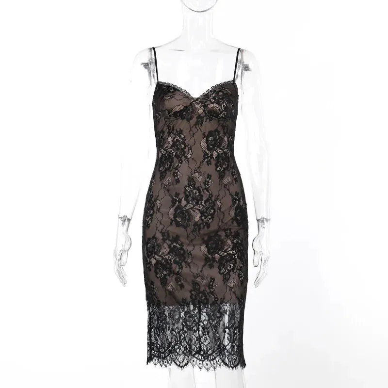 Black Lace Midi Dress Spaghetti Strap Backless Bodycon Spring/Summer Dress Luxury Evening Prom Wedding Guest Party Dresses
