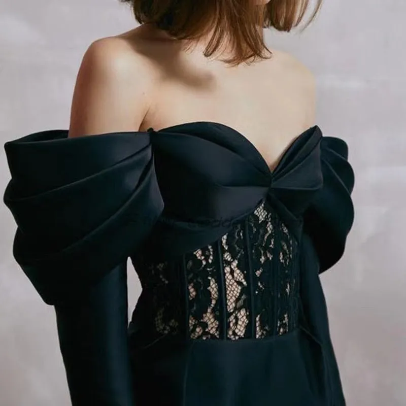 Black Patchwork Lace Slash Neck Puff Long Sleeve Dresses