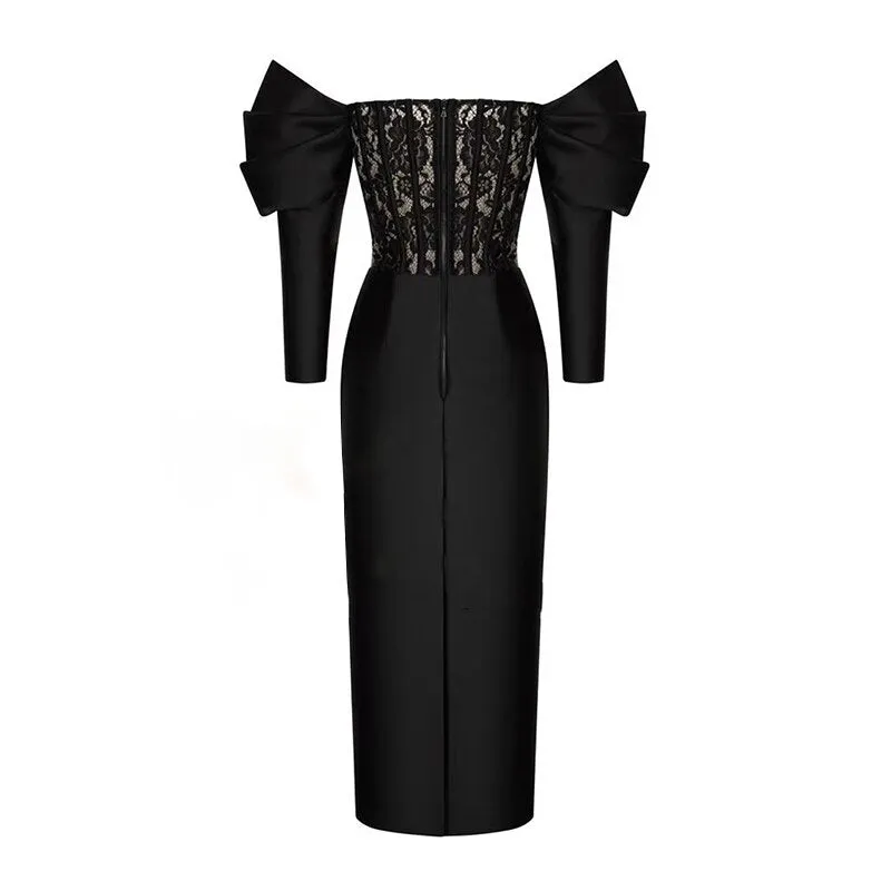 Black Patchwork Lace Slash Neck Puff Long Sleeve Dresses