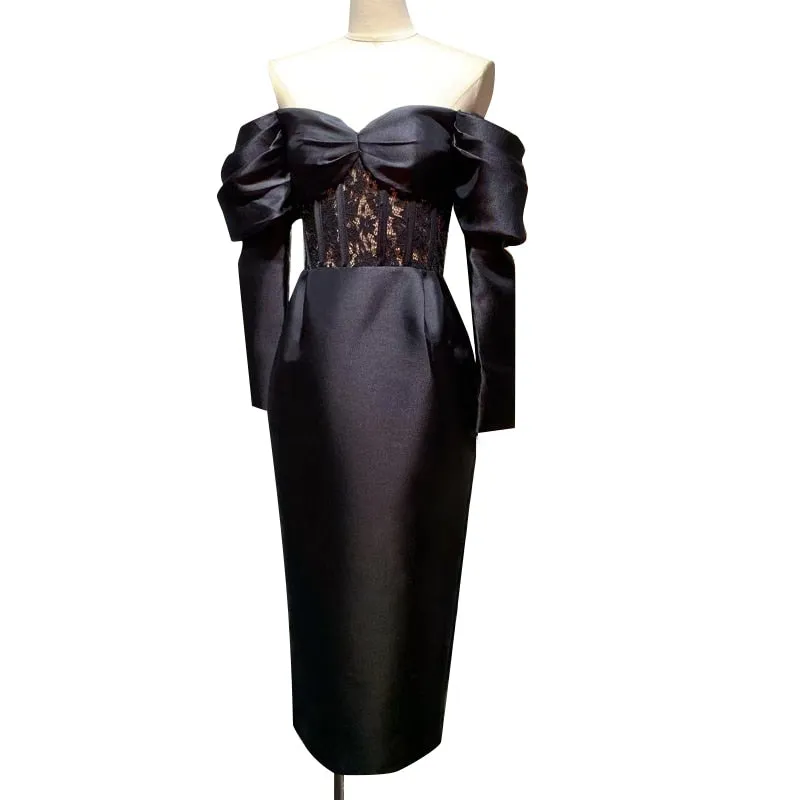 Black Patchwork Lace Slash Neck Puff Long Sleeve Dresses