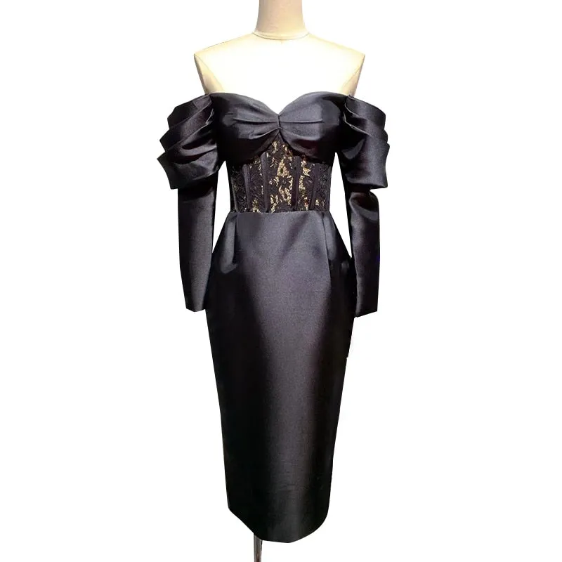 Black Patchwork Lace Slash Neck Puff Long Sleeve Dresses