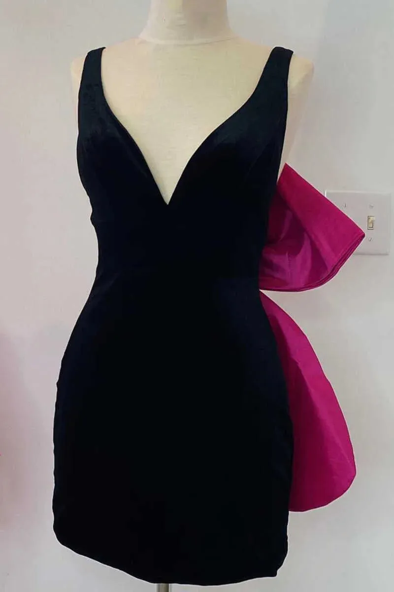 Blocca | Black Plunge V Bow Back Bodycon Mini Party Dress
