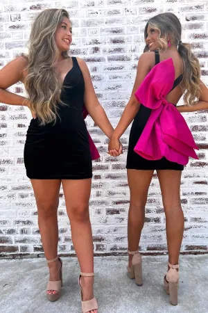 Blocca | Black Plunge V Bow Back Bodycon Mini Party Dress