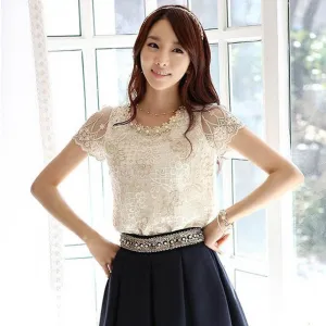 Blouses Women Short Sleeve Lace Chiffon Blouse Tops Pearls Neck Flower White Shirt Plus Size