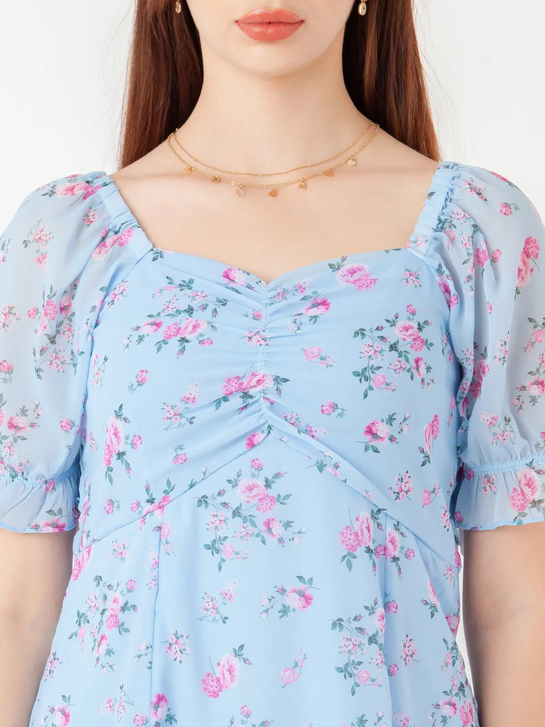 Blue Printed Empire Short Dress