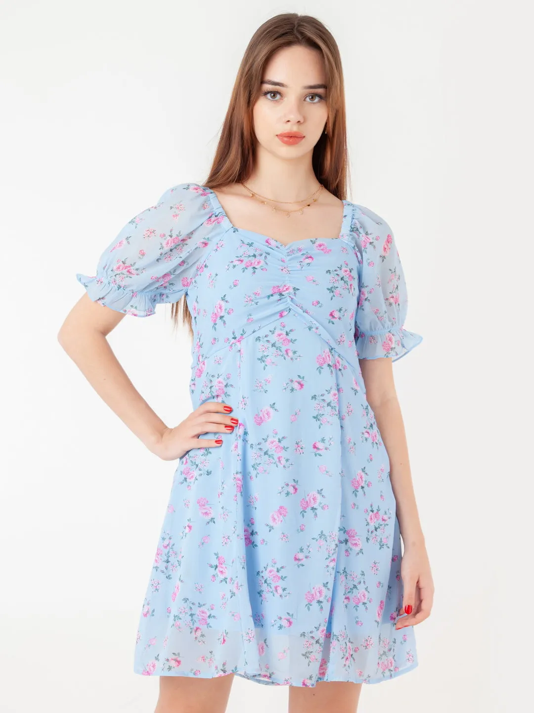 Blue Printed Empire Short Dress