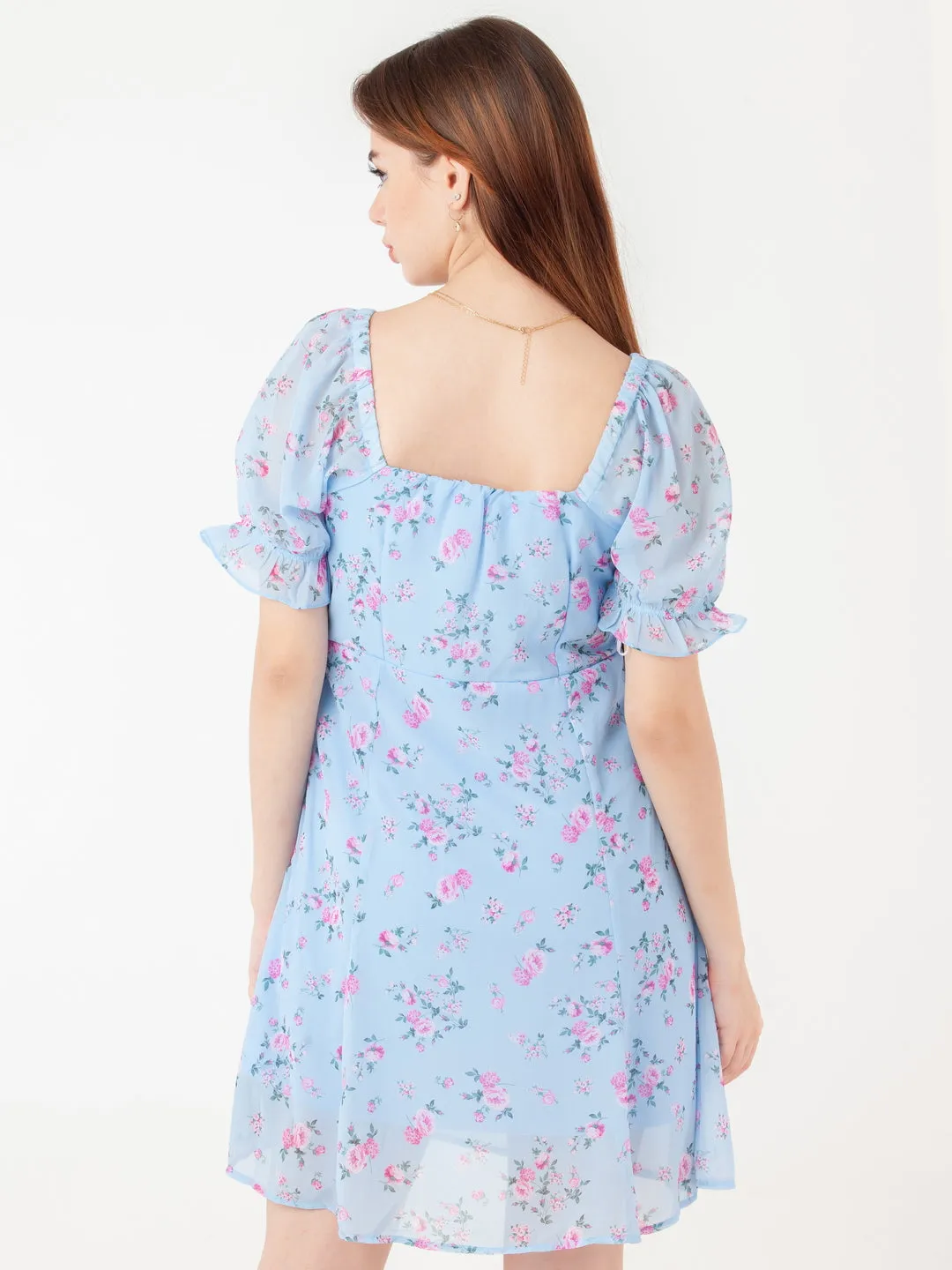 Blue Printed Empire Short Dress