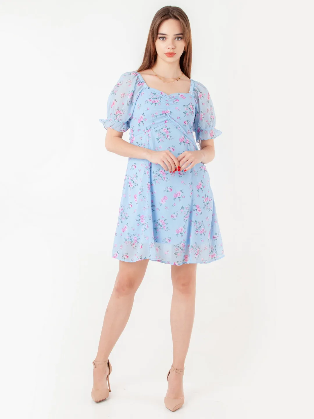 Blue Printed Empire Short Dress