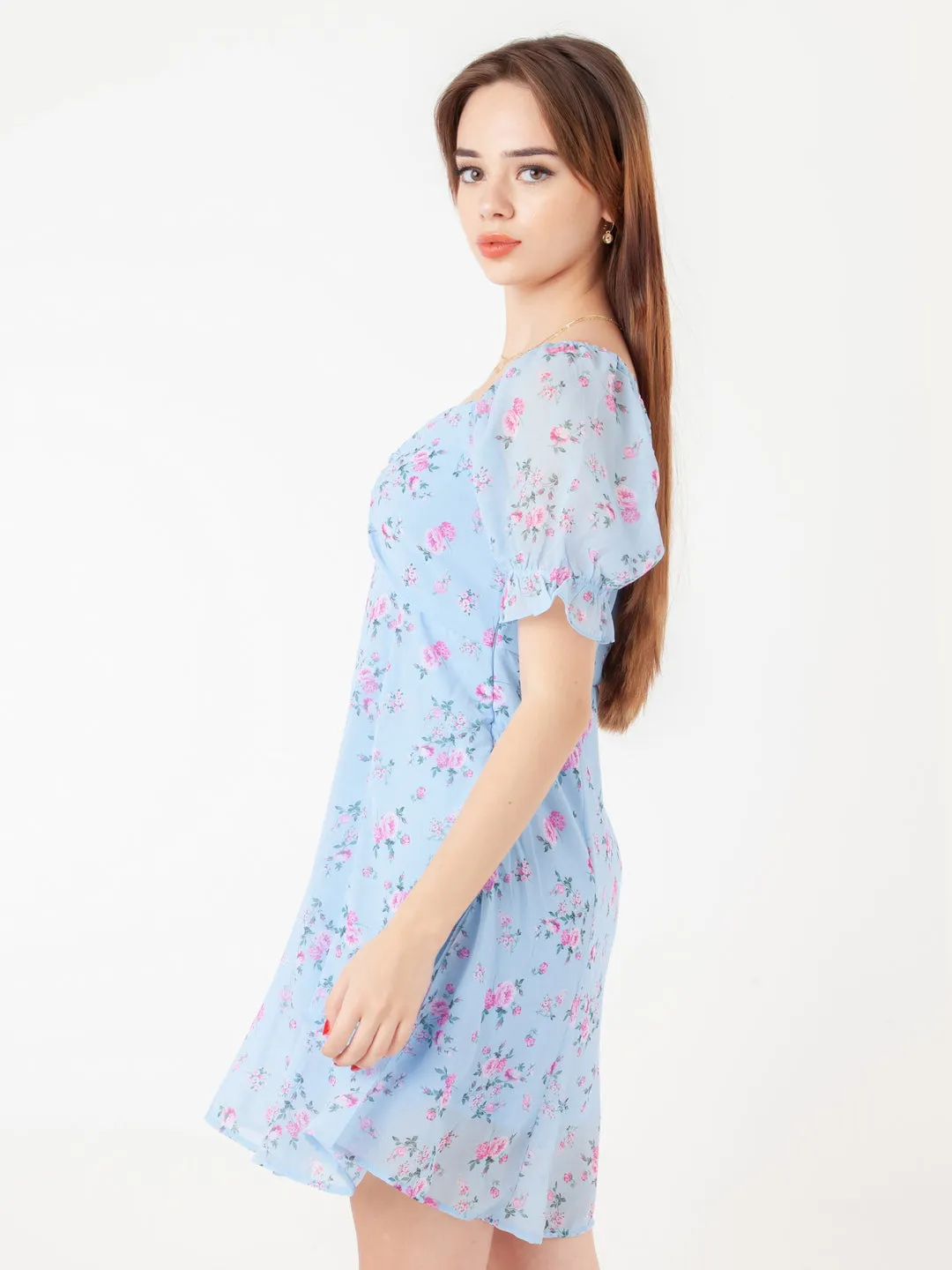Blue Printed Empire Short Dress