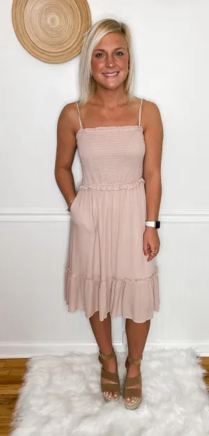 Blushing Vibes Smocked Dress With Pockets!