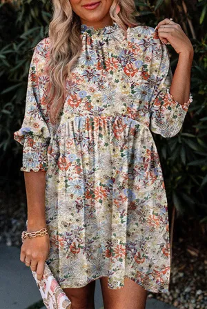 Boho Floral Frilled Neck Shirred Sleeve Dress