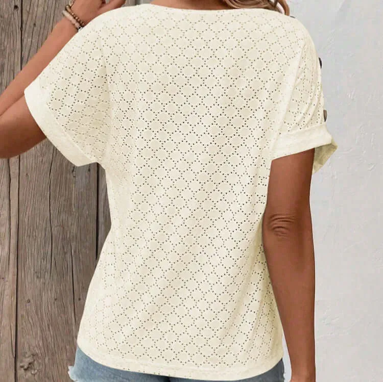 Button Solid Color Circle Loose Short Sleeve T-shirt For Women