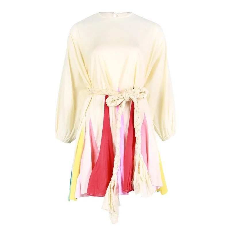 Casual Print Dress For Women O Neck Long Lantern Sleeve Bandage