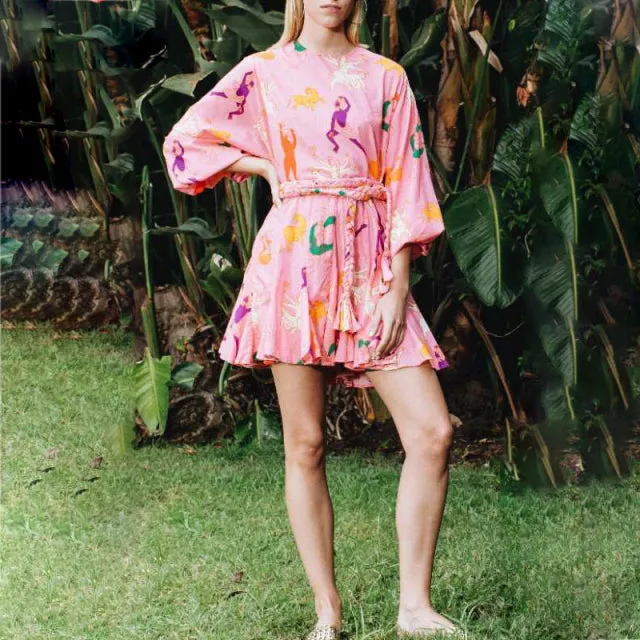 Casual Print Dress For Women O Neck Long Lantern Sleeve Bandage