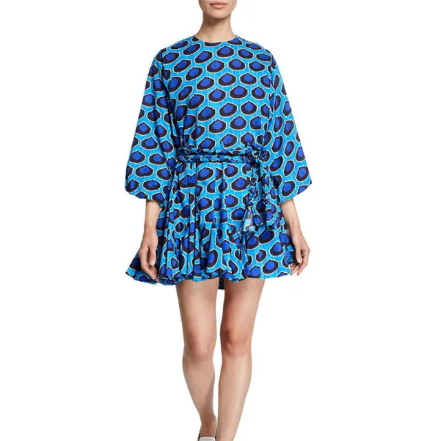 Casual Print Dress For Women O Neck Long Lantern Sleeve Bandage